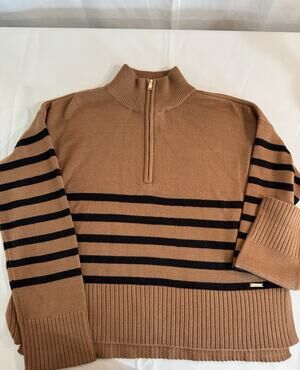 DKNY Sweater Womens M 1/4 Zip Striped Brown Black Mock Neck Cropped Super Soft